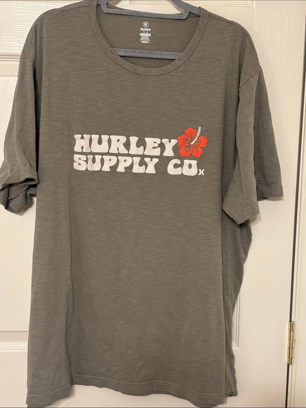 Hurley Olive Short Sleeve Tee with Red Hibiscus Graphic